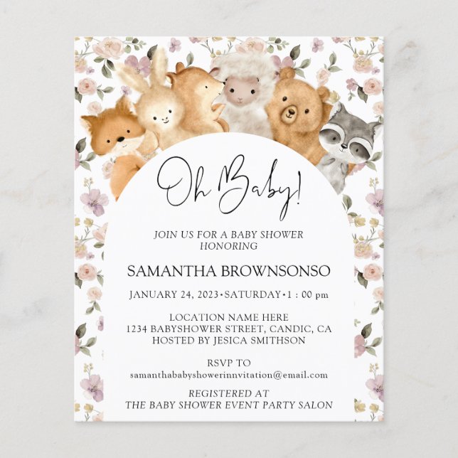 Pastel Forest Animals Oh Baby Shower Budget Flyer (Front)