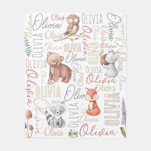 Pastel forest animals personalized name collage fleece blanket