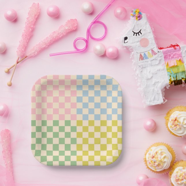 Pastel Four Check Checkered Pattern Paper Plates (Party)