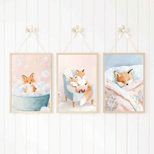 Pastel Fox Bedtime Routine Nursery Decor Wall Art Sets