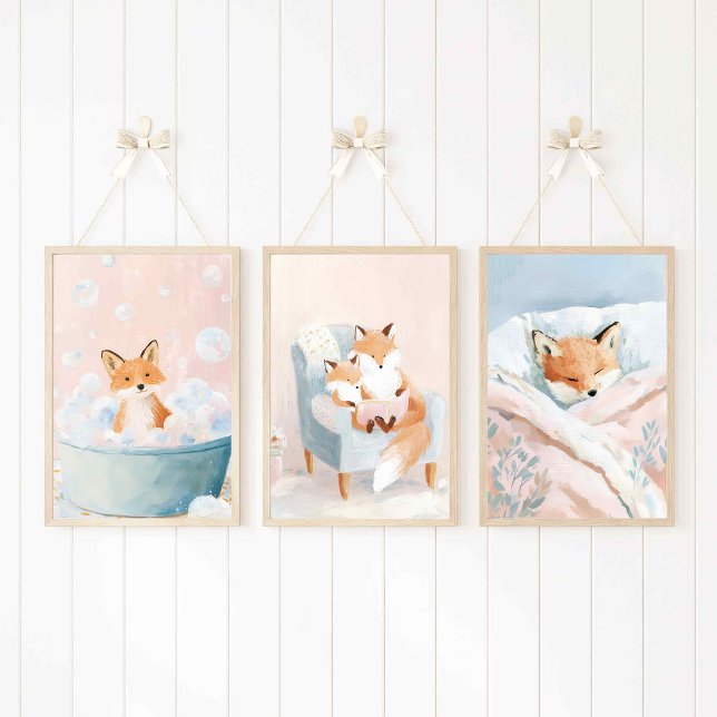 Pastel Fox Bedtime Routine Nursery Decor Wall Art  Sets (Pastel nursery art set of 3 prints)