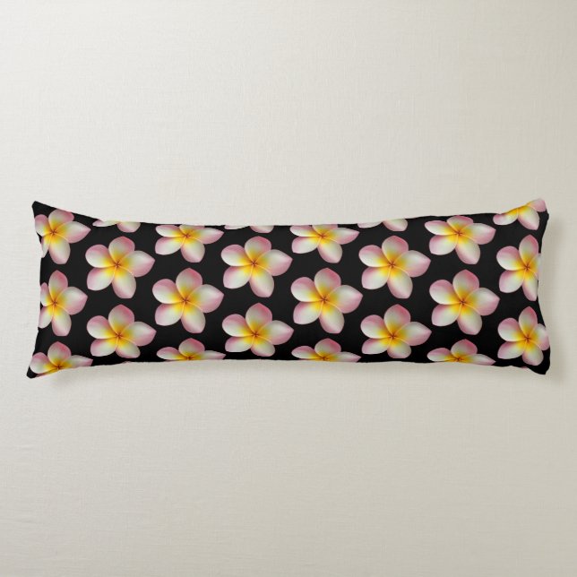 Pastel Frangipani Plumeria Flowers on Black Body Pillow (Front)