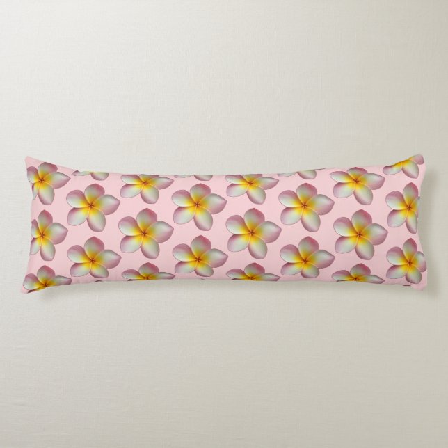 Pastel Frangipani Plumeria Flowers on Light Pink Body Pillow (Front)