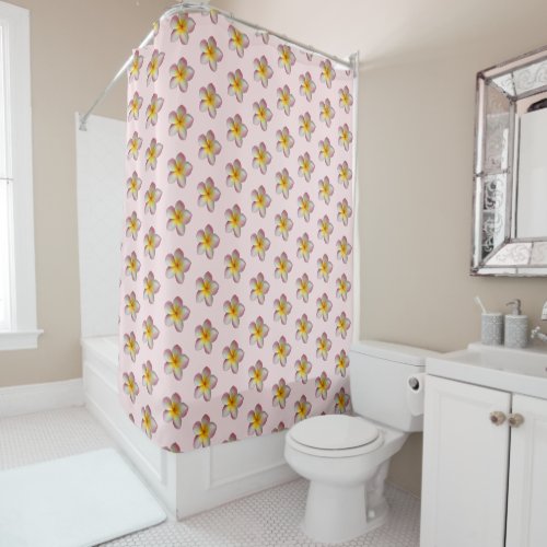 Pastel Frangipani Plumeria Flowers on Light Pink Shower Curtain