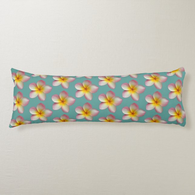 Pastel Frangipani Plumeria Flowers on Teal Body Pillow (Front)