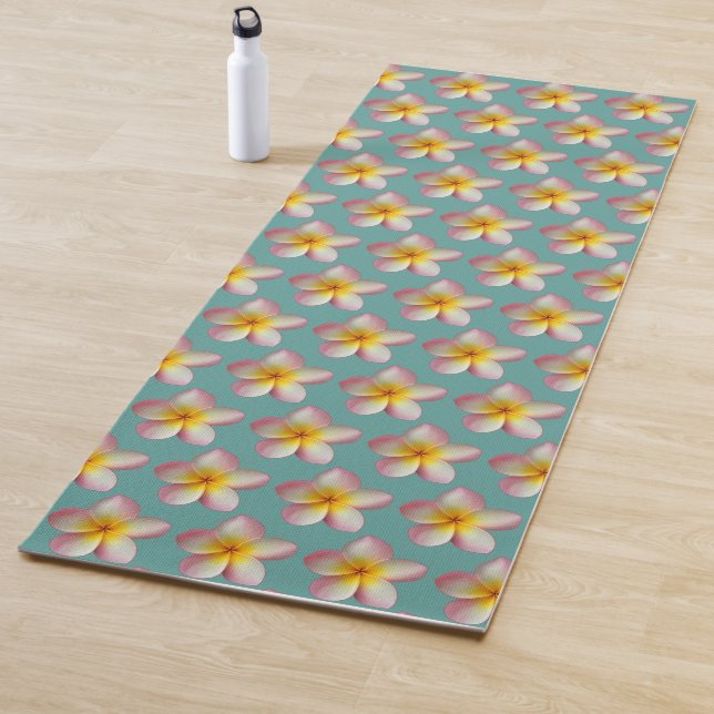 Pastel Frangipani Plumeria Flowers on Teal Yoga Mat (In Situ)