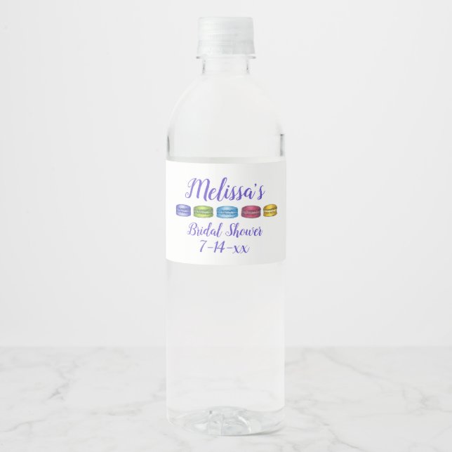 Pastel French Macaron Cookie Pastry Bridal Shower Water Bottle Label (Front)