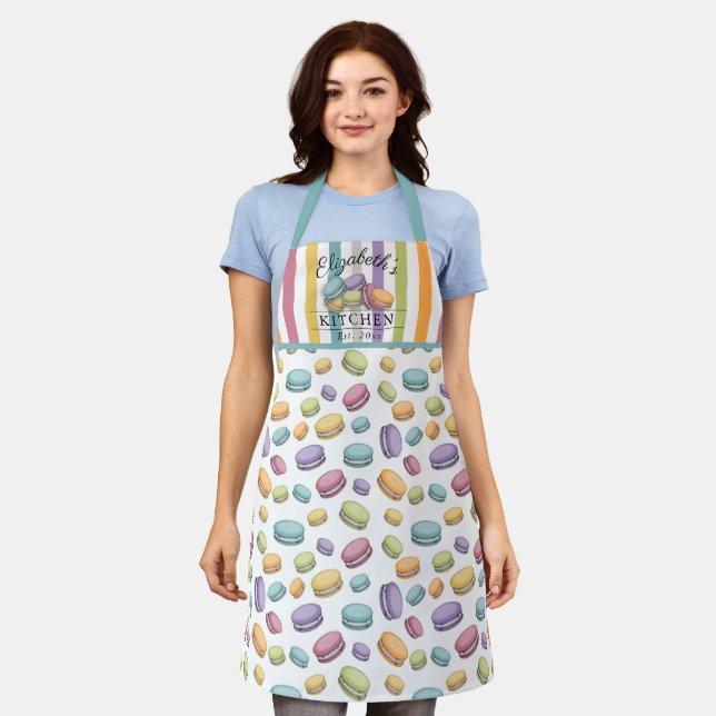 Pastel French Macaron Cookie Pattern Monogram Apron (Worn)