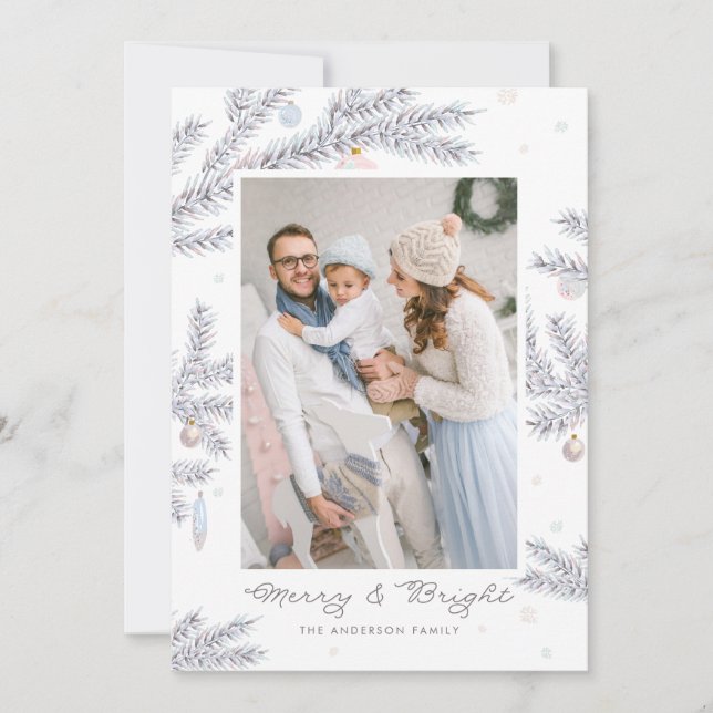 Pastel Frosted Pine Needles Merry & Bright Photo Holiday Card (Front)