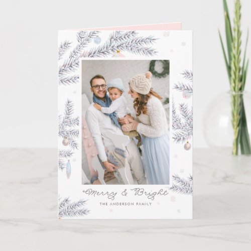 Pastel Frosted Pine Needles Merry  Bright Photo Holiday Card