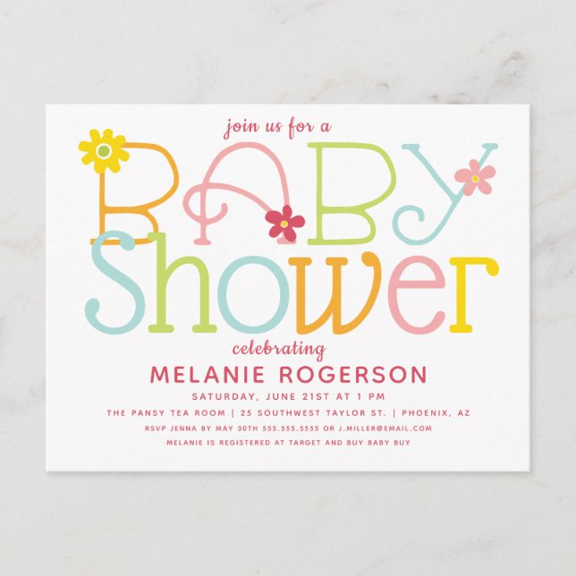 Pastel Fun Floral Baby Shower Invitation Postcard (Front)
