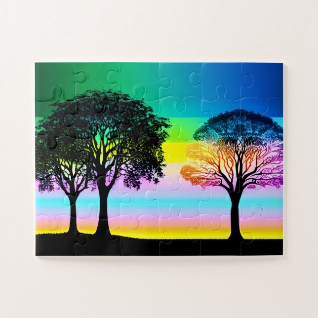 Pastel Fun Sunset Behind Silhouette Trees Jigsaw Puzzle (Horizontal)