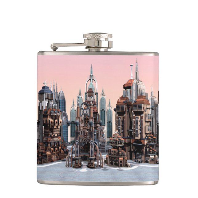 Pastel Futuristic City Fantasy Skyline Art Flask (Front)