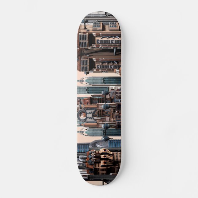 Pastel Futuristic City Fantasy Skyline Art Skateboard Deck (Front)