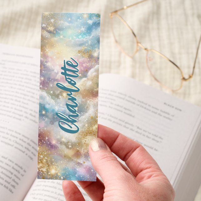 Pastel Galaxy Clouds Gold Glitter Personalized Bookmarks (Hand)