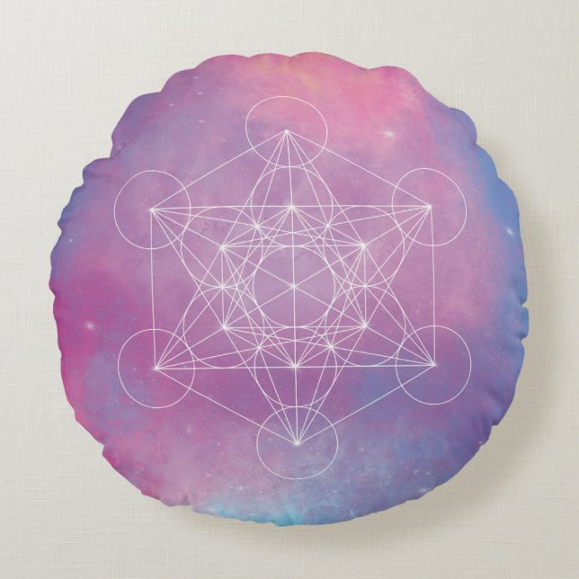 Pastel Galaxy Metatron’s Cube Sacred Geometry Round Pillow (Front)