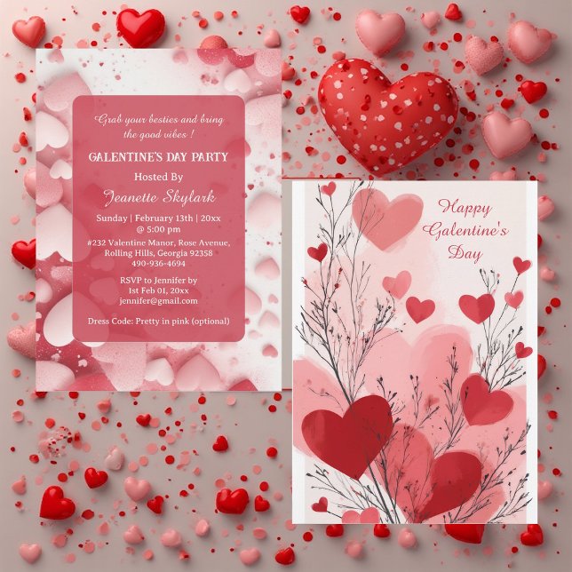 Pastel Galentine's Day Party Hearts Modern Ivory  Invitation (Pastel Galentine's Day Party Hearts Modern Ivory Invitation)