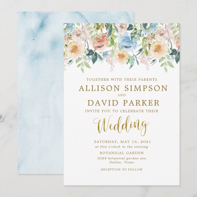 Pastel Garden Floral Elegant Wedding Invitations (Front/Back)
