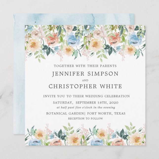 Pastel Garden Floral Square Wedding Invitation (Front/Back)
