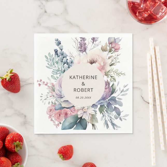 Pastel Garden Floral Wedding Paper Napkins (Insitu)