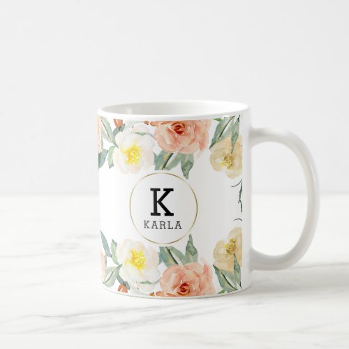 Pastel Garden Flowers Border Monogram Coffee Mug