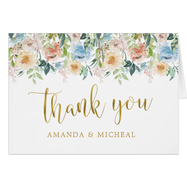 Pastel Garden | Gold Floral Wedding Thank You Card | Zazzle