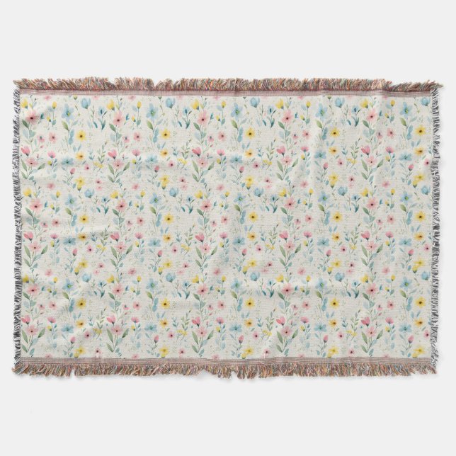 pastel garden watercolor florals throw blanket (Front)