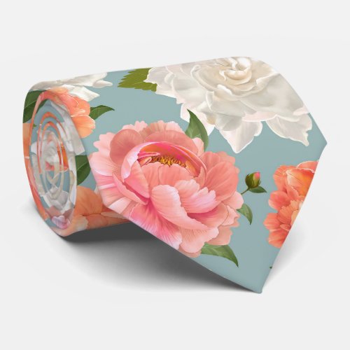 Pastel Gentle Botanical Peonies mint pattern Neck Tie