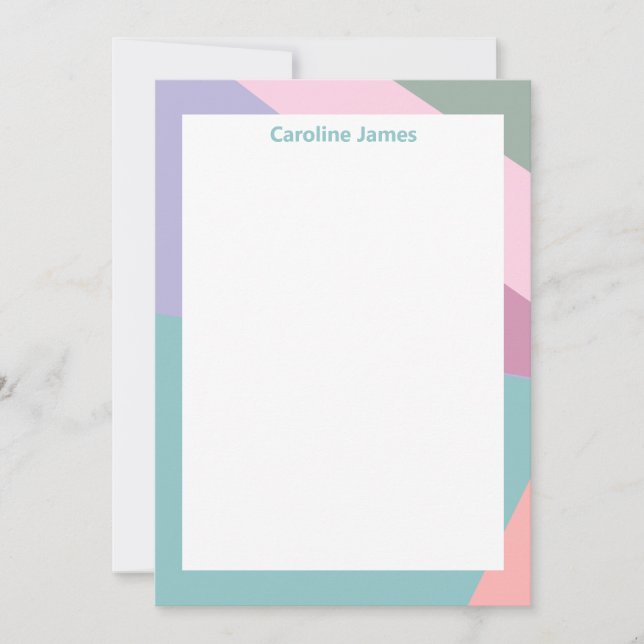 Pastel Geometric Border Custom Monogram Name Note Card (Front)