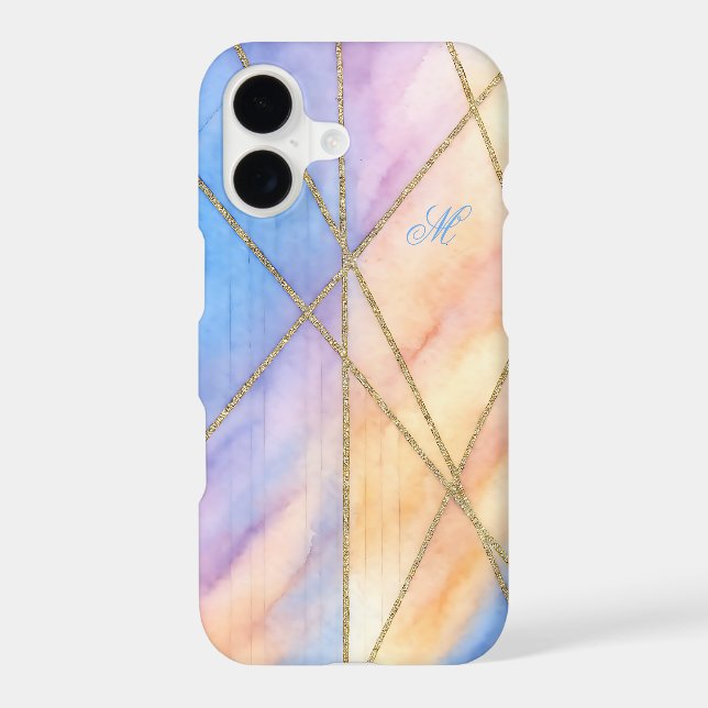 Pastel Geometric Marble Gold Lines Monogram iPhone Case (Back)