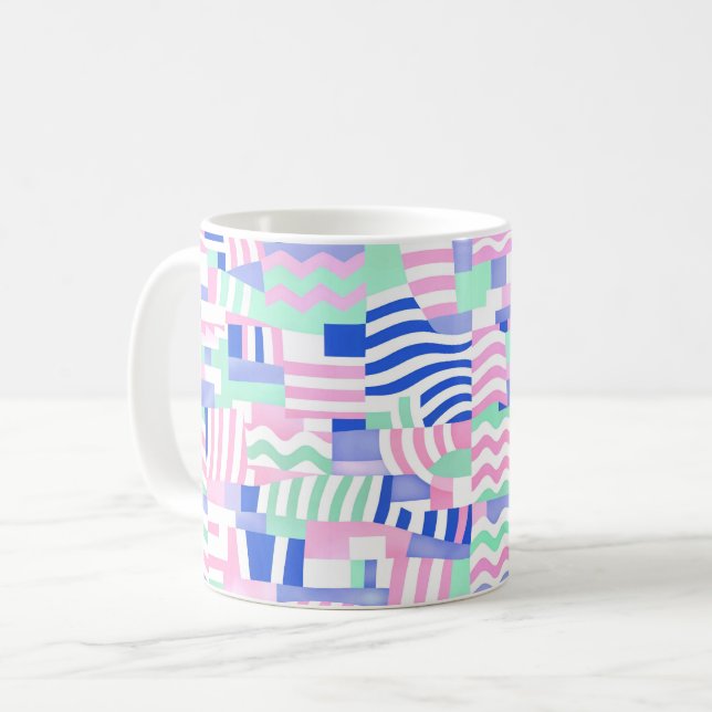 Pastel Geometric Pattern Pillow – Pink, Blue & Min Coffee Mug (Front Left)
