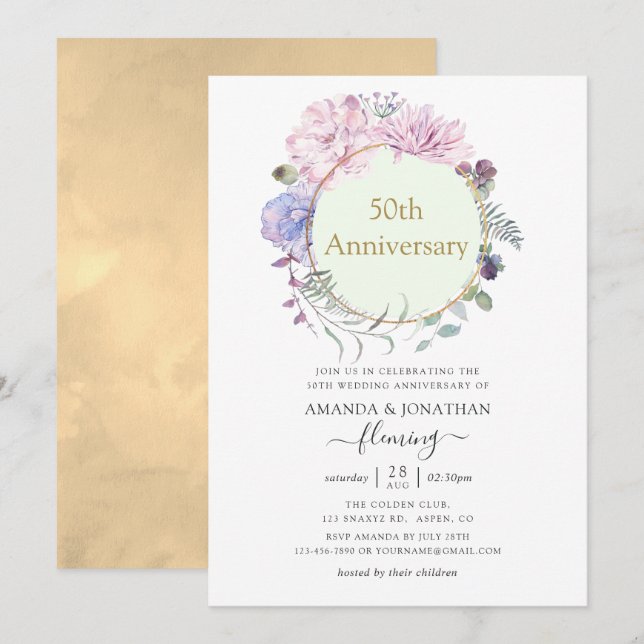 Pastel Geometric Peonies 50th Wedding Anniversary Invitation (Front/Back)