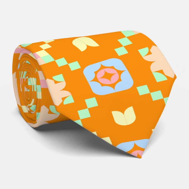 Pastel Geometric Pixel Pattern on Vibrant Orange  Neck Tie (Rolled)