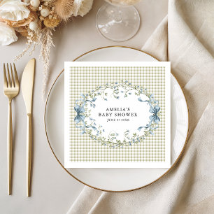 Pastel Gingham Blue Floral Baby Shower Napkins