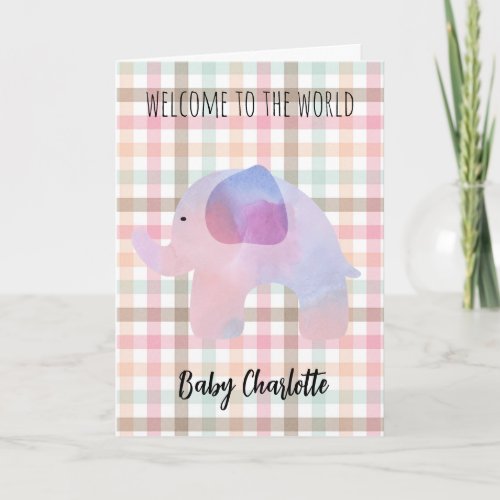 Pastel Gingham Elephant Welcome Baby Girl Card