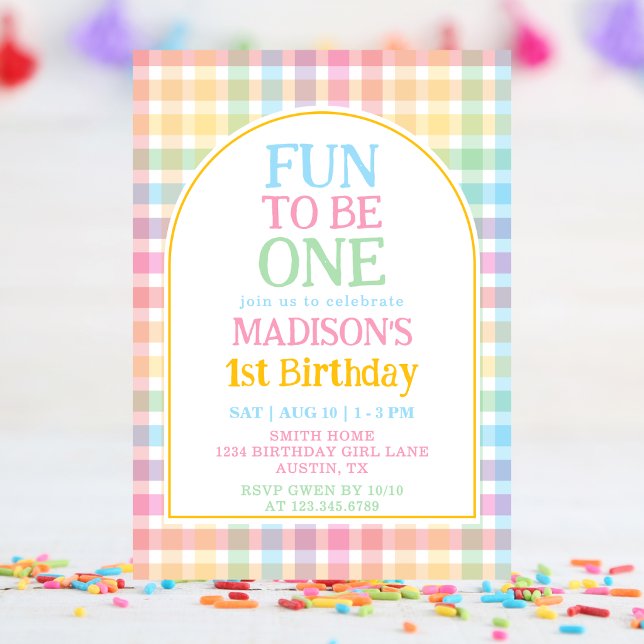 Pastel Gingham Fun to Be One 1st Birthday Invitation (Creator Uploaded)