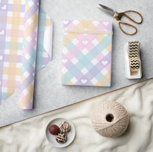 Pastel Gingham Hearts   Wrapping Paper
