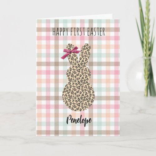 Pastel Gingham Leopard Bunny Happy 1st Easter Card
