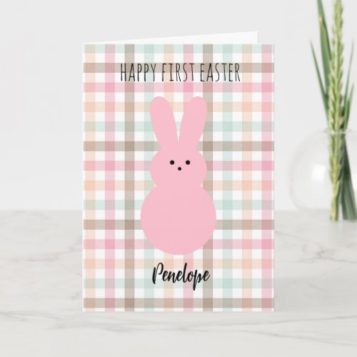 Pastel Gingham Pink Bunny Happy 1st Easter Card