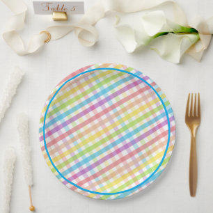 Pastel Gingham Rainbow Baby Shower Blue Paper Plates