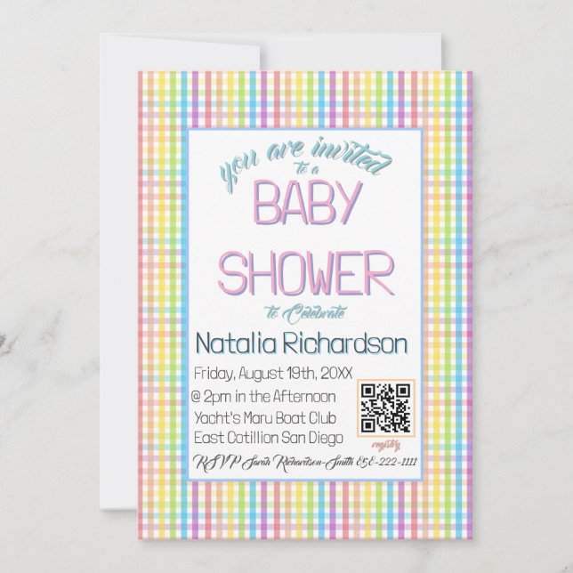 Pastel Gingham Rainbow Baby Shower Invitation (Front)
