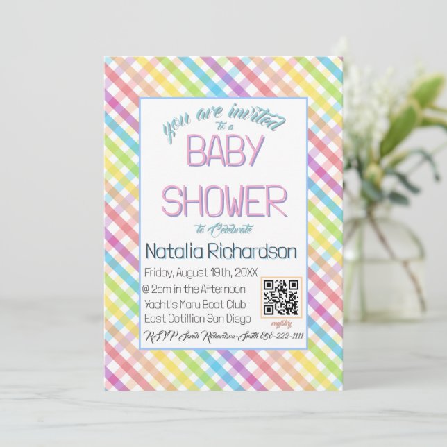 Pastel Gingham Rainbow Baby Shower Invitation (Standing Front)