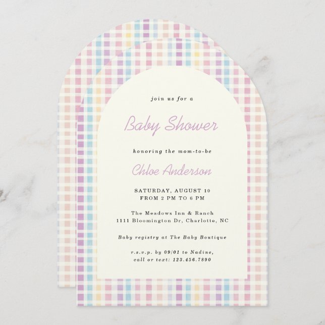 Pastel Gingham Rainbow Colors Baby Shower Invitation (Front/Back)