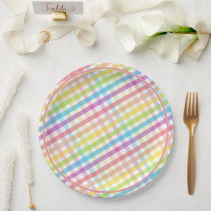 Pastel Gingham Rainbow Pink Baby Shower Paper Plates