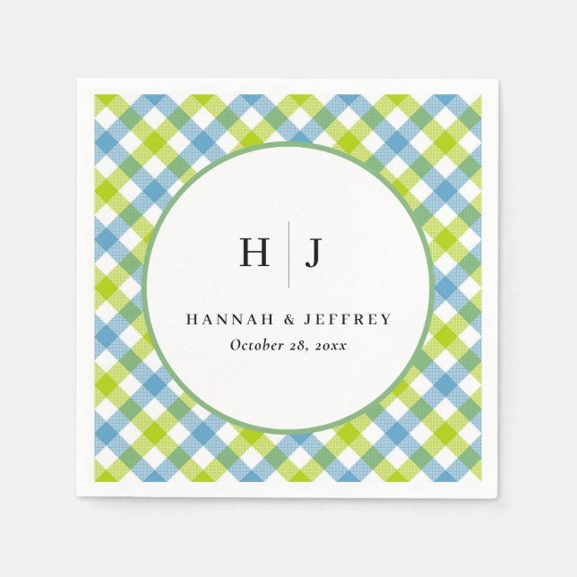 Pastel Gingham Wedding Blue Green Napkins (Front)