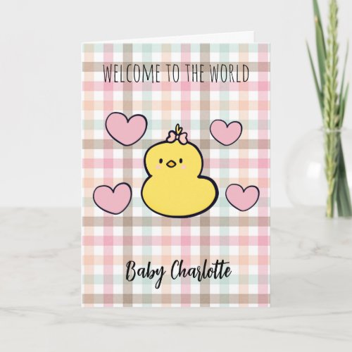 Pastel Gingham Yellow Duck Hearts Welcome Baby Card