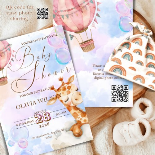Pastel Giraffe Baby Shower Invitation with QR Code