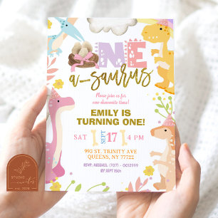 Pastel Girl A-Saurus Dinosaur First Birthday Party Invitation