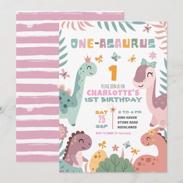 Pastel Girl Dinosaur 1st Birthday Invitation (Front/Back)
