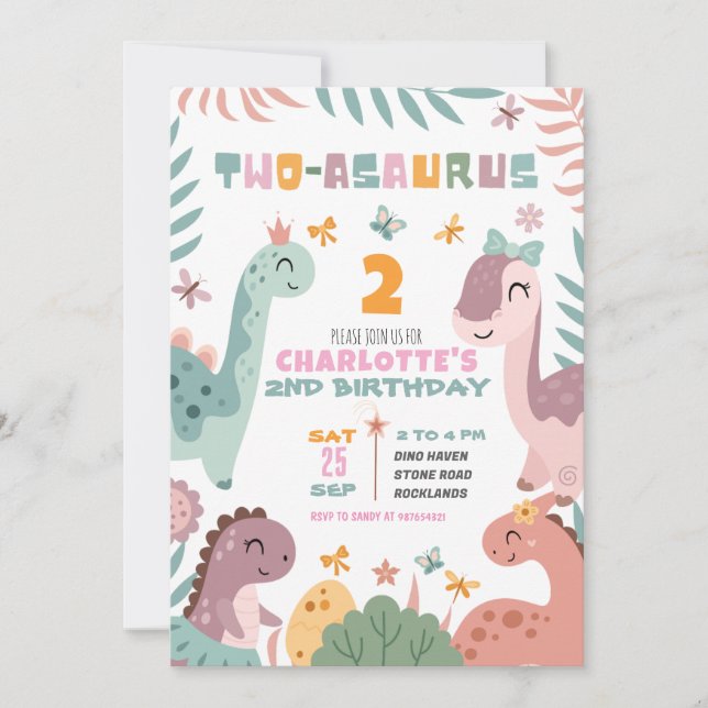 Pastel Girl Dinosaur 2nd Birthday Invitation (Front)